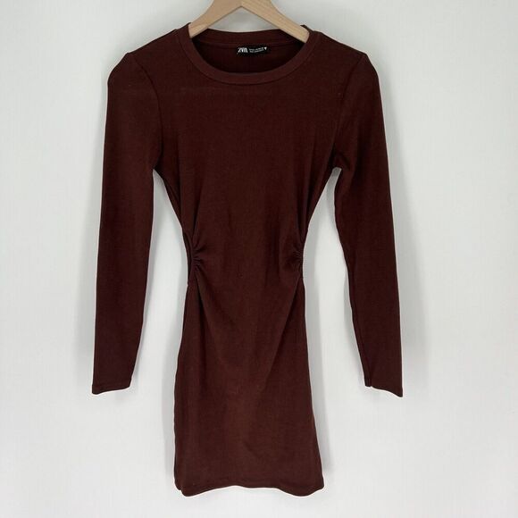 Zara Dresses & Skirts - Zara Brown Bodycon Ruched Dress Side Cut Outs Size Medium